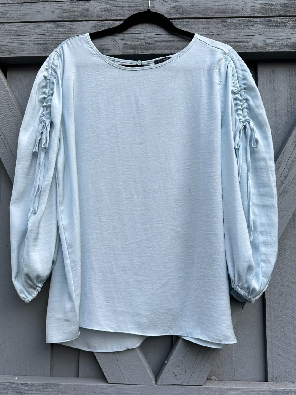 Ann Taylor Light Blue Satin Blouse L Ruched Tie Sleeve Long Sleeve Top